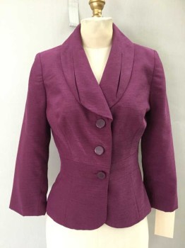 Womens, Suit, Jacket, NO LABEL, Violet Purple, Silk, Solid, B32, Pleated Round Shawl Collar, 3 Buttons,  3/4 Sleeves, Waistband And Peplum, Slit Cuffs