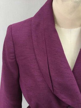 Womens, Suit, Jacket, NO LABEL, Violet Purple, Silk, Solid, B32, Pleated Round Shawl Collar, 3 Buttons,  3/4 Sleeves, Waistband And Peplum, Slit Cuffs