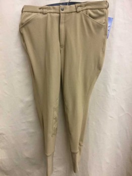 Mens, Jodhpurs/Equestrian Pants, U, Tan Brown, Polyester, Spandex, Solid, W:36, Ribbed Stretch Poly, Faux Suede Plush Patches At Inner Legs, Flat Front, Zip Fly, 4 Pockets, Logo Is A Horseshoe "U", Spandex Cuffs