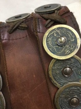 Mens, Historical Fict. Breastplate , N/L, Brown, Gold, Leather, Metallic/Metal, Crossed 2" Wide Leather Straps, with Dusty Gold Metal Circular Discs (Approx 2" Diameter) with Carved Detail, Metal Buckle Closures At Sides Of Waist