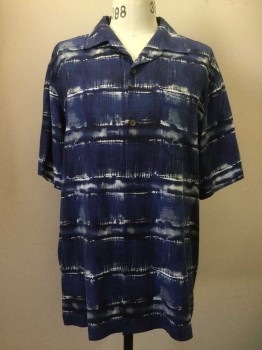 TOMMY BAHAMA , Navy Blue, Blue, Gray, White, Silk, Tie-dye, Navy/ Blue/ Gray/ White Tie Dye Print, Button Front, Open Collar Attached, Short Sleeves, 1 Pocket,