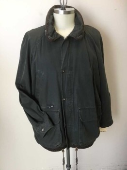 BANANA REPUBLIC, Olive Green, Dk Brown, Cotton, Leather, Solid, Olive, Collar Attached W/dark Brown Leather Trim & Zipper, Zip Front, & Brass Snap Front, Dark Brown Leather Trim D-string  Hem, 4 Pockets, Long Sleeves,