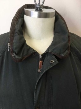 BANANA REPUBLIC, Olive Green, Dk Brown, Cotton, Leather, Solid, Olive, Collar Attached W/dark Brown Leather Trim & Zipper, Zip Front, & Brass Snap Front, Dark Brown Leather Trim D-string  Hem, 4 Pockets, Long Sleeves,