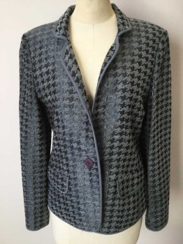 LINDA ALLARD E TRACY, Slate Blue, Steel Blue, Acetate, Acrylic, Houndstooth, Houndstooth Brocade with Chenille and Shiny, Single Breasted, 1 Button, Edge Binding on Pockets, Collar & Lapel