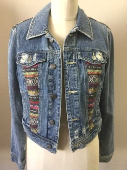 Womens, Jean Jacket, FREE PEOPL, Denim Blue, Multi-color, Black, White, Cotton, Polyester, Solid, Stripes, 2, Denim with Panels of Multicolor/Rainbow Stripes with Geometric Pattern, Striped Panels are Vertical at Chest Below 2 Front Pockets, and at Upper Back Shoulders, Long Sleeves, Button Front, Collar Attached, 4 Pockets, Holes/Wear Throughout
