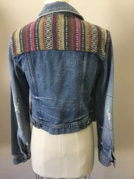 FREE PEOPL, Denim Blue, Multi-color, Black, White, Cotton, Polyester, Solid, Stripes, Denim with Panels of Multicolor/Rainbow Stripes with Geometric Pattern, Striped Panels are Vertical at Chest Below 2 Front Pockets, and at Upper Back Shoulders, Long Sleeves, Button Front, Collar Attached, 4 Pockets, Holes/Wear Throughout