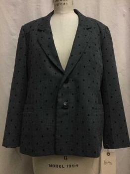 NL, Heather Gray, Black, Wool, Synthetic, Geometric, Heather Gray, Black Square Print, Notched Lapel, 2 Square Buttons,  3 Pockets, Shoulder Pads