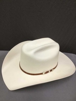 STETSON/STALLION, White, Brown, Straw, Leather, Solid, White Opaque Straw, with 3/8" Wide Brown Leather Band with Silver Buckle
