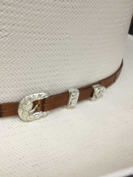 STETSON/STALLION, White, Brown, Straw, Leather, Solid, White Opaque Straw, with 3/8" Wide Brown Leather Band with Silver Buckle