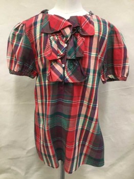 AMERICAN LIVING, Red, Purple, Cream, Green, Gray, Cotton, Plaid, Gathered Short Sleeves, 1/2 Button Front, Ruffle Placket, 4 Buttons, Ruffle Collar, Button Keyhole Sleeves