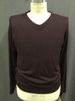M & S, Maroon Red, Acrylic, Solid, V-neck, Long Sleeves,