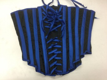 Womens, Corset, TRASHY, Black, Royal Blue, Polyester, Stripes - Vertical , M, Black Satin with Royal Blue Satin Trim at Boning Channels and Edges, Busk Front, Blue Satin Laces in Back