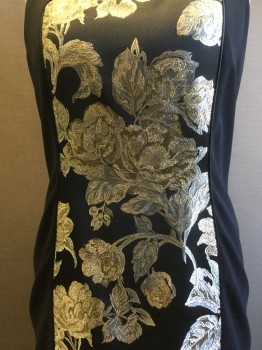 MARINA RINALDI, Black, Gold, Silver, Polyester, Viscose, Solid, Floral, Sleeveless, Mid Calf Fitted Dress. Black Dress with Floral Brocade Center Panel in Gold, Black & Silver, Zippper Center Back, and Center Back Slit