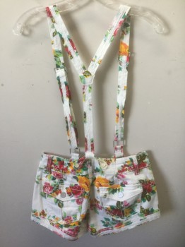 MATERIAL GIRL, White, Multi-color, Cotton, Spandex, Floral, Stretch Denim, with Matching Suspenders, Low Rise, 2" Inseam, Zip Fly, 4 Pockets, Belt Loops, Mid 2000's