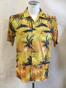 ALVISH, Yellow, Orange, Black, Red, Beige, Polyester, Tropical , (DOUBLE)  Collar Attached, Button Front, 1 Pocket, Short Sleeves