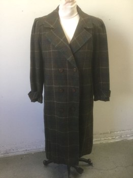 Womens, Coat, ALORNA, Brown, Forest Green, Navy Blue, Beige, Wool, Plaid-  Windowpane, L, Double Breasted, Notched Lapel, Padded Shoulders, 2 Pockets at Hips, Mid Calf Length,