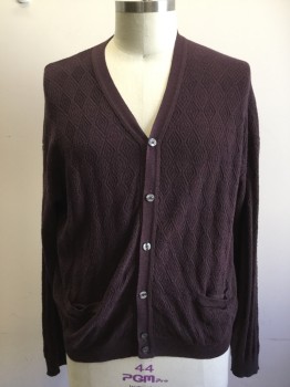 FIESOLE, Aubergine Purple, Synthetic, Solid, Novelty Diamond Knit, Button Front, 2 Pockets, Long Sleeves, Ribbed Knit Cuff/Waistband