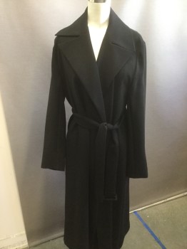 THEORY, Black, Polyester, Solid, Crepe, Notched Lapel, Open Front with Belt, Simple Trench