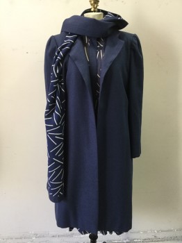 Womens, Dress, PAULINE TRIGERE, Navy Blue, Off White, Silk, Wool, Novelty Pattern, W 26, B 34, Navy with Smattering of Off White Lines, Sheer Top, Pleated From Waist Up, Gathered at Shoulders, Solid Heather Navy Wool Stand Collar/Placket/Shoulder Stripe/Skirt Side Stripe/Cuff, Pleated Skirt, Snap Front
