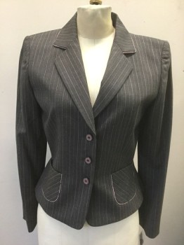 TAHARI, Gray, Lt Pink, White, Wool, Elastane, Stripes - Pin, Gray with Light Pink and White Pinstripes, Single Breasted, 3 Buttons,  Notched Lapel, Light Pink Piping Trim at Lapel and 2 Patch Pocket, Fitted, Lining is Light Pink Floral, *Has a Double