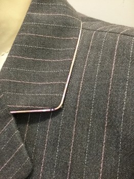 TAHARI, Gray, Lt Pink, White, Wool, Elastane, Stripes - Pin, Gray with Light Pink and White Pinstripes, Single Breasted, 3 Buttons,  Notched Lapel, Light Pink Piping Trim at Lapel and 2 Patch Pocket, Fitted, Lining is Light Pink Floral, *Has a Double