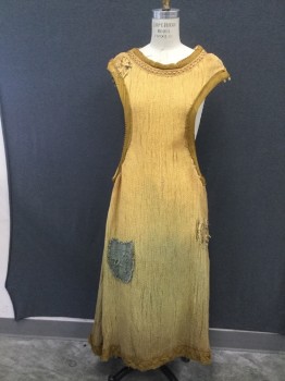 Womens, Sci-Fi/Fantasy Dress, MTO, Butter Yellow, Turmeric Yellow, Slate Blue, Burlap, Cotton, Solid, H34, S, Made To Order, Butter Colored Burlap, Open Weave, Turmeric Cotton Trim with Brown Blanket Stitching, Brown/Lt Brown Trim, Slate Blue Patches, Scoop Neck, Large Armholes, Floor Length, Aged