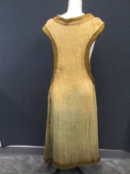 Womens, Sci-Fi/Fantasy Dress, MTO, Butter Yellow, Turmeric Yellow, Slate Blue, Burlap, Cotton, Solid, H34, S, Made To Order, Butter Colored Burlap, Open Weave, Turmeric Cotton Trim with Brown Blanket Stitching, Brown/Lt Brown Trim, Slate Blue Patches, Scoop Neck, Large Armholes, Floor Length, Aged