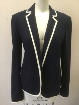 THEORY, Navy Blue, Off White, Wool, Solid, Dark Navy with Off White Trim, Notched Lapel, 1 Button, 3 Pockets, Fitted  **Missing Button
