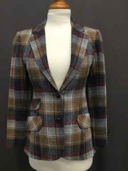 Womens, Blazer, PEERLESS, Caramel Brown, Navy Blue, Gray, Red, Cream, Wool, Plaid, XS, Single Breasted, 2 Leather Basket Weave Buttons,  Notched Lapel, 3 Pocket Flaps, 2 Cuff Buttons