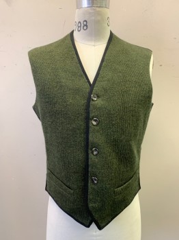 Mens, Vest, MTO, Forest Green, Black, Wool, Ribbed, 40, Knit Front, 5 Button Front, 2 Jetted Pockets, Solid Black Twill Back, Rear Adjustment Clinch, Black Pipping