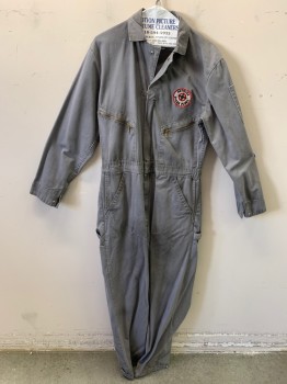 Mens, Coveralls/Jumpsuit, DICKIES, Lt Gray, Cotton, Solid, 40, M, Zipper Front, Patch, Zipper Chest Pockets, Aged/Distressed,