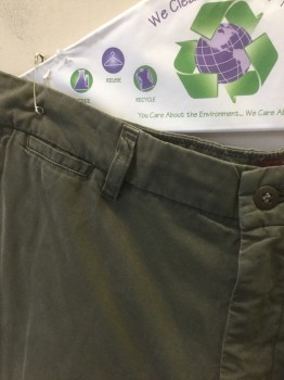 MASON'S, Olive Green, Cotton, Solid, Flat Front, Zip Fly, 5 Pockets, Belt Loops, 11.5" Inseam