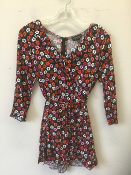Womens, Romper, TOP SHOP, Black, Multi-color, Orange, Red, Lt Pink, Viscose, Floral, 2, Black with Red/Pink/Orange/White/Maroon Flower Pattern, 3/4 Sleeves, V-neck with Ruffled Edge, 1.5" Inseam, Ruffled Leg Openings, Center Back Zipper **2 Piece: Comes with Matching Fabric Thin Belt