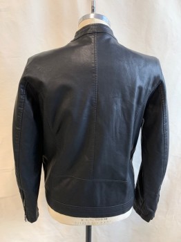 WILSONS LEATHER, Black, Leather, Solid, Motorcycle Jacket, Zip Front, Band Collar, Gray Sleeve Stripes, 4 Zip Pockets, Zip Sleeves