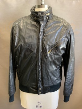 Mens, Leather Jacket, MIRAGE, Black, Leather, Solid, 40, Zipper and Snap Front, Quilted Shoulders and Back Yoke, Hood Hidden in Collar, Michael Jackson 'Bad'