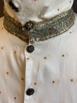 MTO, Cream, Peach Orange, Off White, Black, Gold, Cotton, Silk, Floral, Geometric, Made To Order, Collar Attached, Gold with Mint Green/brown Abstract Floral Woven Ribbon Around Neck, and Long Sleeves Cuffs, Black with Gold Flower Button Front,