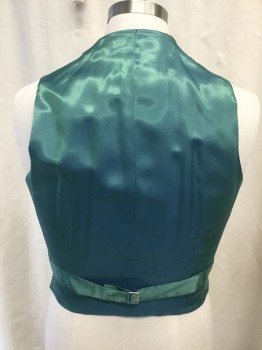 Mens, Historical Fiction Piece 2, ERIC WINTERLING, Teal Green, Navy Blue, Yellow, Wool, Plaid, 42, Vest, Rounded Lapel, Button Front, 4 Buttons, 3 Pockets, Solid Green Silk Back with Self Attached Back Belt