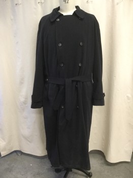 ROCHESTER BIG & TALL, Black, Polyester, Nylon, Solid, Double Breasted, Spread Collar, 2 Side Entry Pockets, Long Sleeves, Shoulder Epaulets, Front Right Gun Flap, Back Rain Flap, Belted Cuffs, Belted Self Ttie Waistband, Below the Knee Length, Removable Liner