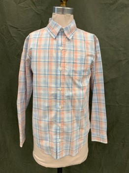 JANIE & JACK, White, Lt Blue, Coral Orange, Cotton, Plaid, Button Front, Collar Attached, Long Sleeves, Button Cuff, 1 Pocket, Multiple