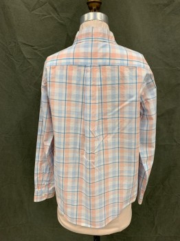 JANIE & JACK, White, Lt Blue, Coral Orange, Cotton, Plaid, Button Front, Collar Attached, Long Sleeves, Button Cuff, 1 Pocket, Multiple
