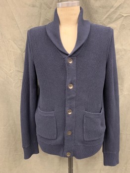 RAG & BONE, Navy Blue, Cotton, Solid, Button Front, Shawl Collar, 2 Pockets, Long Sleeves, Ribbed Knit Waistband/Cuff
