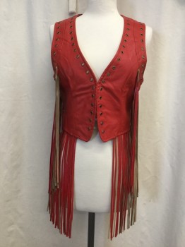 Womens, Leather Vest, TOV, Red, Tan Brown, Faux Leather, Solid, B34, M, V-neck, Hook & Eye Close, Double Layer of Long Fringe Top Layer From Arms-eye to Back Yoke Bottom Layer From  Hem