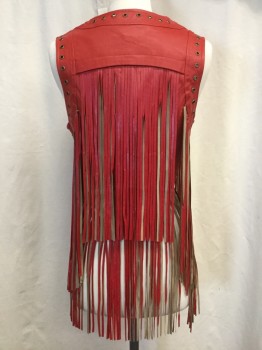 Womens, Leather Vest, TOV, Red, Tan Brown, Faux Leather, Solid, B34, M, V-neck, Hook & Eye Close, Double Layer of Long Fringe Top Layer From Arms-eye to Back Yoke Bottom Layer From  Hem