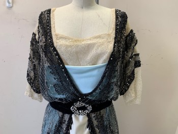 Womens, Evening Dress 1890s-1910s, N/L MTO, Black, Cream, Lt Blue, Silk, Beaded, W:27, B:38, Black Sheer Net with Clear Seed Beads, Over Cream and Light Blue Satin, Cream Lace at Square Neckline and Short Sleeves, High Waistline, Low Peplum, Light Blue Bow Detail Wrapped Around Hips, Knotted at Knee Level,  Black Velvet Waistband, Made To Order