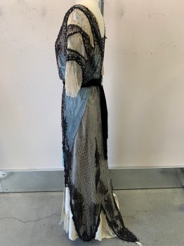Womens, Evening Dress 1890s-1910s, N/L MTO, Black, Cream, Lt Blue, Silk, Beaded, W:27, B:38, Black Sheer Net with Clear Seed Beads, Over Cream and Light Blue Satin, Cream Lace at Square Neckline and Short Sleeves, High Waistline, Low Peplum, Light Blue Bow Detail Wrapped Around Hips, Knotted at Knee Level,  Black Velvet Waistband, Made To Order