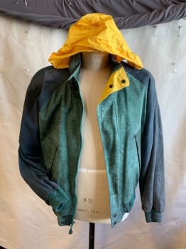 MR. JULIAN ADVENTURE, Sage Green, Olive Green, Slate Blue, Yellow, Forest Green, Leather, Color Blocking, Sage with Heather Green Collar Attached with Zipper and Yellow Hood Inside, Solid Polyester Lining, 2 Slant Pockets, Forrest Green Ribbed Knit Raglan Long Sleeves Cuffs & Partial  Hem