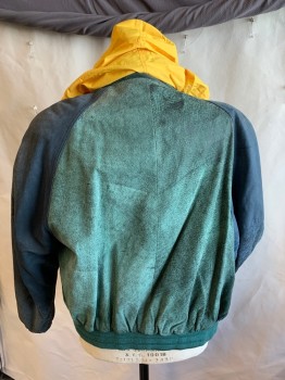 MR. JULIAN ADVENTURE, Sage Green, Olive Green, Slate Blue, Yellow, Forest Green, Leather, Color Blocking, Sage with Heather Green Collar Attached with Zipper and Yellow Hood Inside, Solid Polyester Lining, 2 Slant Pockets, Forrest Green Ribbed Knit Raglan Long Sleeves Cuffs & Partial  Hem