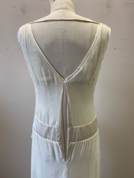 HUGO BOSS, Ivory White, Rayon, Solid, Velvet, Sleeveless, V-neck, Satin Dropped Waistband with Self Bow at Side Waist, Floor Length, 1920's-1930's Retro Look, Could Be a Wedding Dress **Satin Gusset Added at Center Back Waist