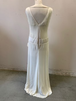 HUGO BOSS, Ivory White, Rayon, Solid, Velvet, Sleeveless, V-neck, Satin Dropped Waistband with Self Bow at Side Waist, Floor Length, 1920's-1930's Retro Look, Could Be a Wedding Dress **Satin Gusset Added at Center Back Waist