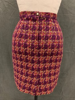MDG, Purple, Pink, Black, Lt Yellow, Red, Rayon, Wool, Basket Weave, Grid , 1 1/2" Waistband, Zip Back, Plastic Pearl Button Back